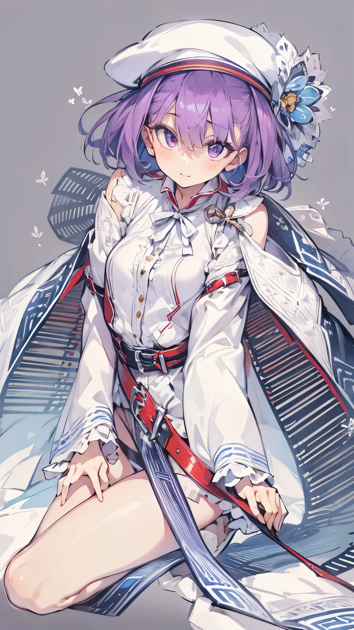 NSFW,Elena Blavatsky\(Fate/grandorder\)、Purple Hair、short hair、（Purple eyes：1.1）、Shoulder Bare、belt、beret、ribbon、- Detachable collar、Removable sleeves、hat、leotard、紫色のhat、紫色のleotard、赤いbelt、白いribbon、White sleeves