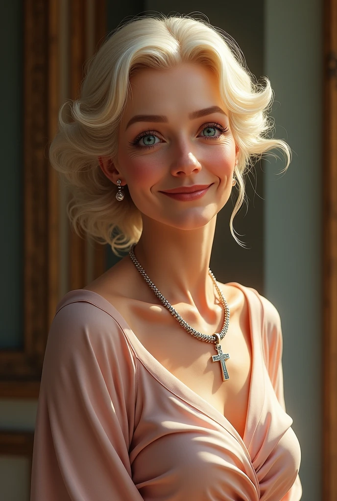 A blonde grandmother,with an elegant dress,with bright blue eyes,with an elegant hairstyle,and with a necklace with a cross,and be pretty
