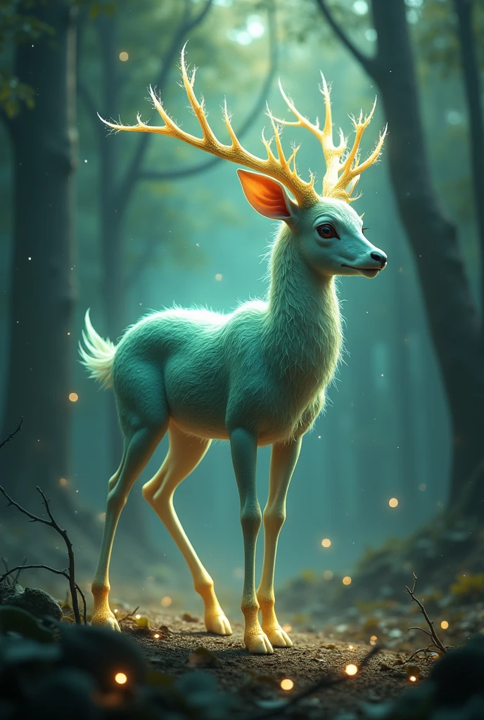 A magnificent and unprecedented creature emerges from a magical forest. She has the slender and agile body of a deer, but with skin that glows in iridescent shades of green and blue, as if covered by a thin layer of water. Her legs are long and elegant, with light hooves that emit a soft glow when they touch the ground. Instead of horns, the creature has delicate antennae that resemble crystal filaments, changing color according to your emotions. Your face is kind and expressive, with large, deep eyes that reflect ancient wisdom. Ao redor dela, small points of light float, as if they were sparks of magic, creating an enchanting halo."