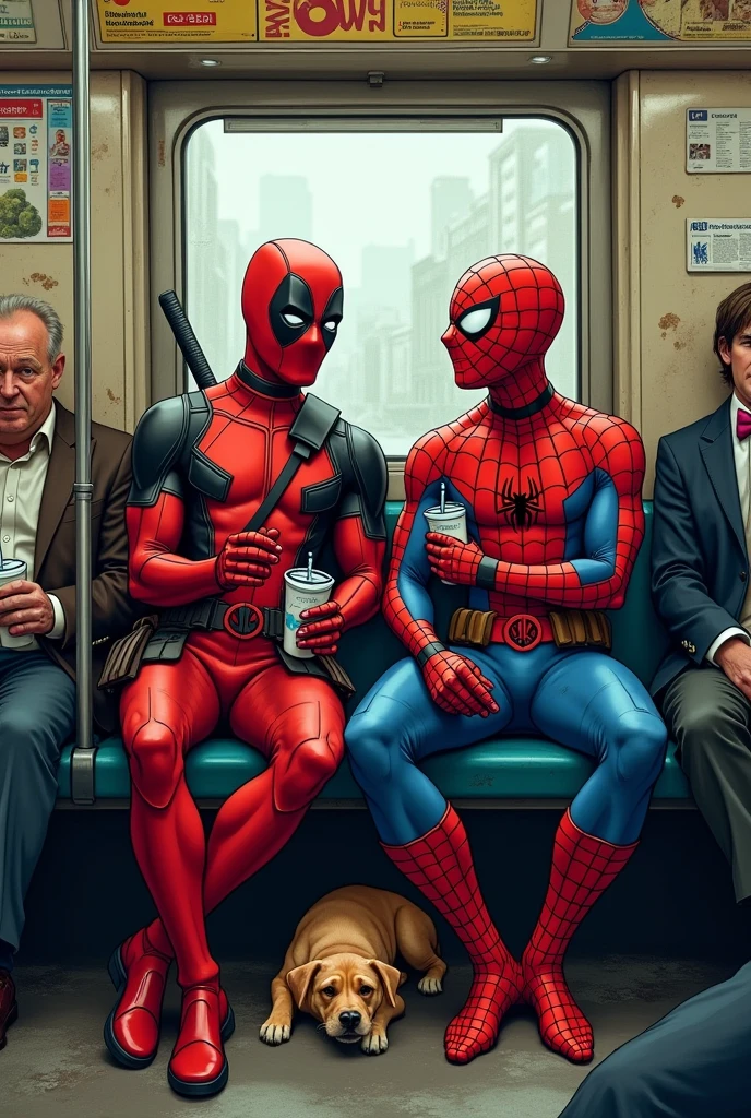 Deadpool and Spider-Man in sitting on metro with a dog and drink a cold drink