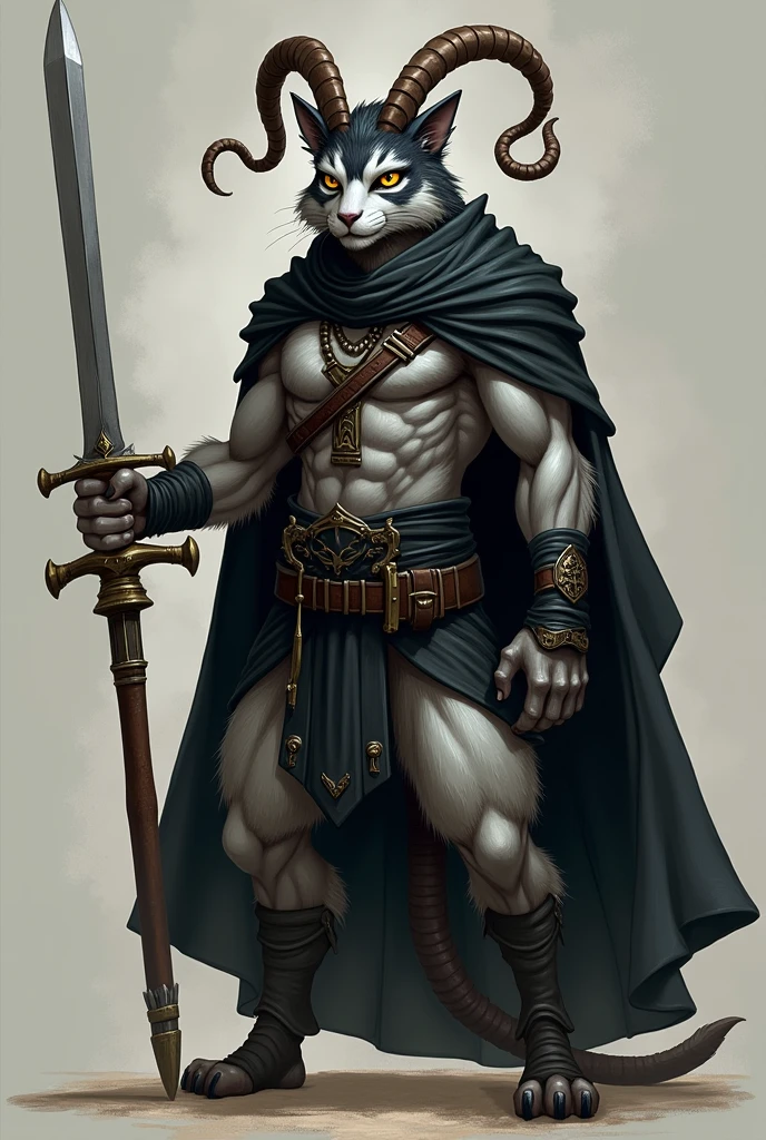 Goat cat, gray hair with black, Golden eyes, with black clothes and a sword