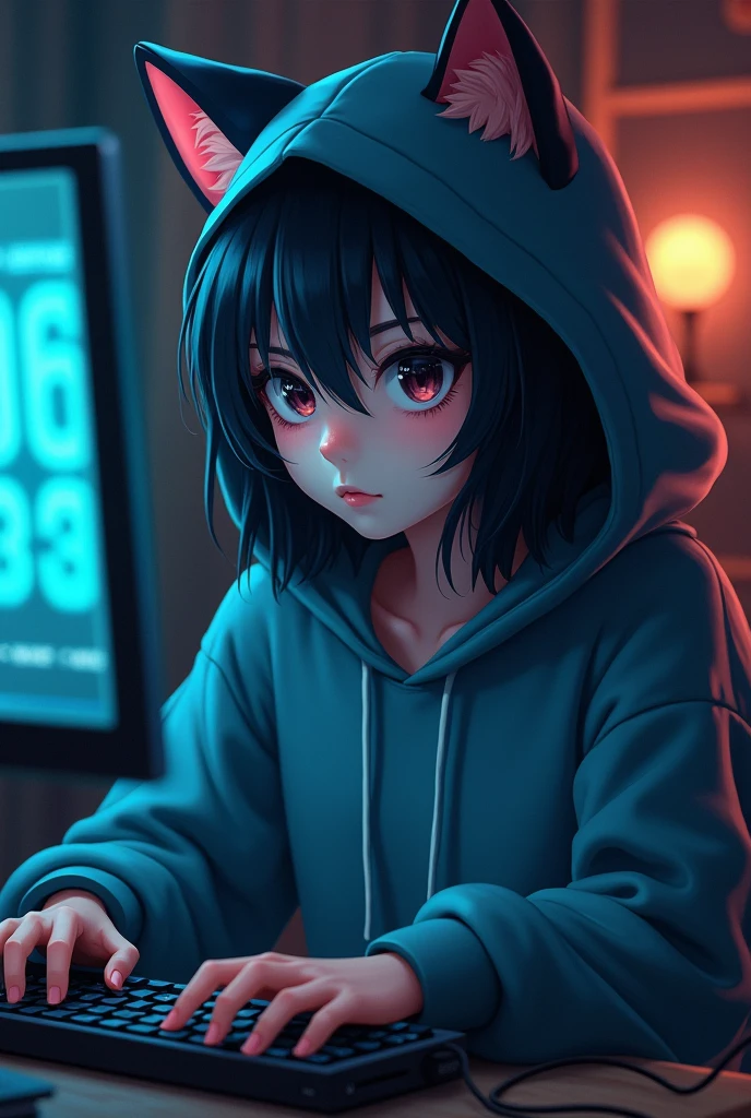 Gamer girl in a hood with cat ears ,with dark hair just below the shoulders, at the computer