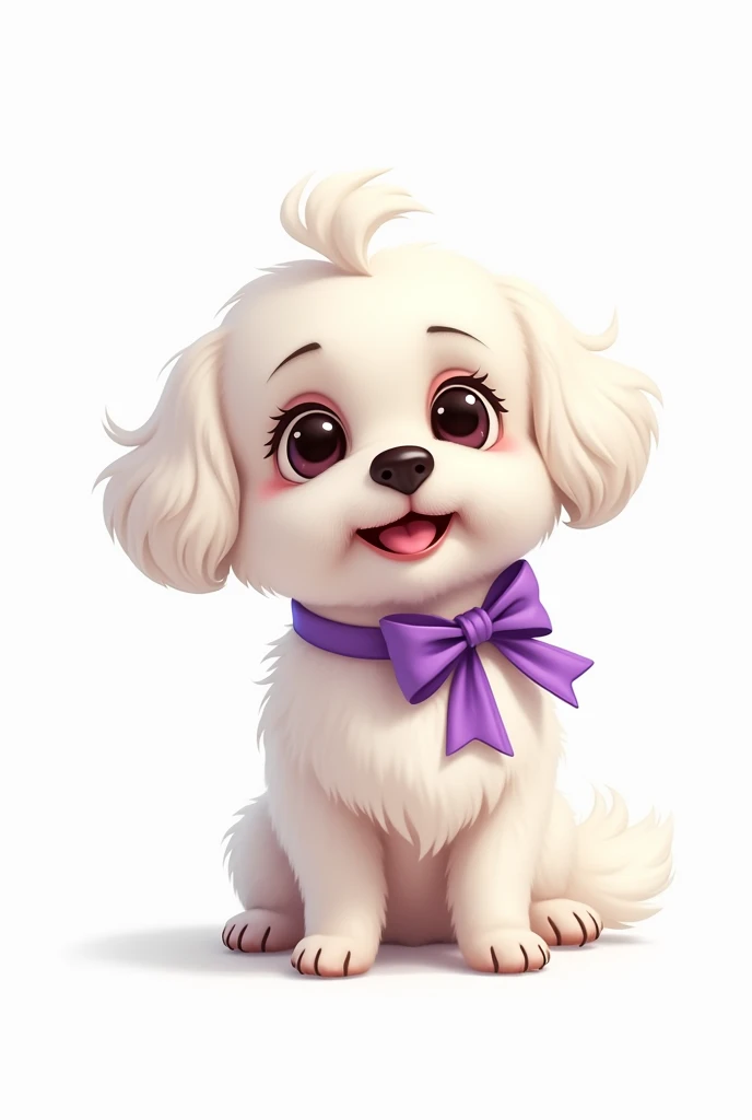Create a Pixar-like image of a white shitzu dog with a purple bow on a white background