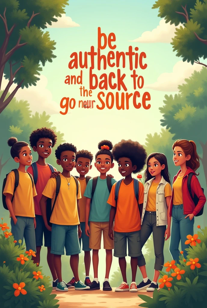 help me create an image or illustration of young people from school placing the phrase "Be authentic and go back to the source"