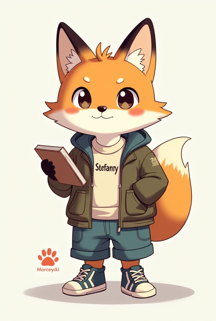 Fox wearing clothes with Stefany printed on them With a notebook in his hand