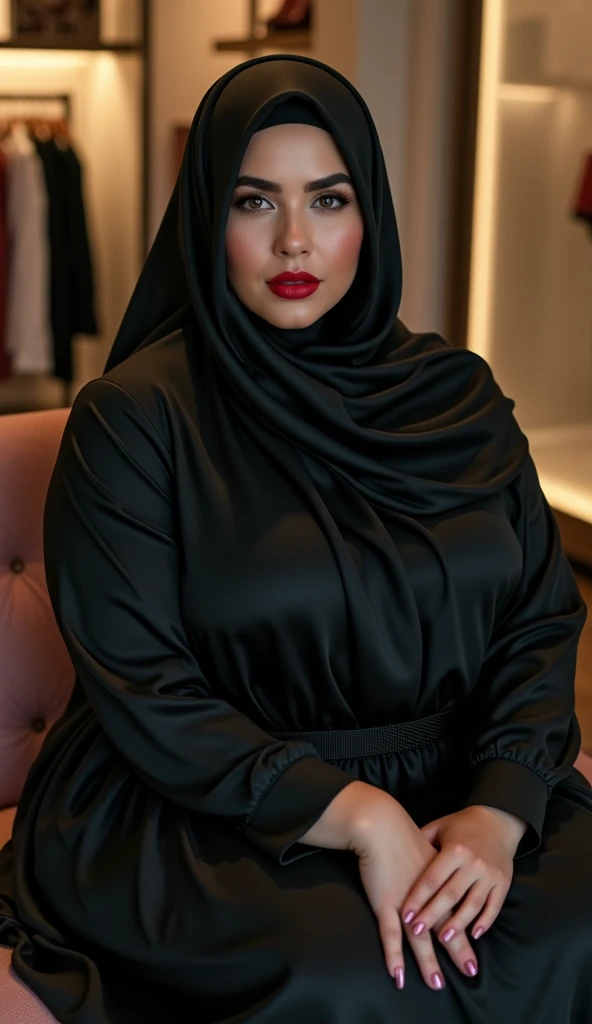 Black silk Hijab , Thicc Egyptian mom in store (sitting) red lips , only wearing black hijab