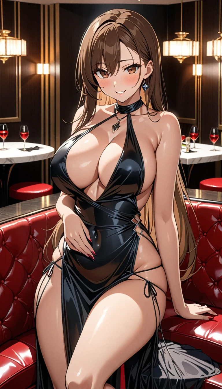 ((masterpiece)), ((Ultra quality)), ((super detailed)), ((high resolution)) ,((8k)), a beautiful woman, ((She is one of the most famous female Gravure Model in the world.)), unparalleled beauty, ((huge breast:1.6)), ((large ass)), ((deep cleavage)), slim waist, chest out, ultra detailed face, perfect skin, (((Hair that reaches down to the neck, Beautiful long, straight brown hair))), ((slant eyes, brown eyes, detailed eyes)), whole body image, sexy, an inviting smile, sensual, (((anime))), ((glamorous)), sexual attraction, ((Age 25)), ((incredibly beautiful woman)), ((The H cup bust)), ((((She is the best sex friend)))), ((beautiful breasts)), beautiful legs, 8 life size, anime, ((charm)), ((Half Japanese and half British)), ((Grown-up face)), ((Secret meeting)), Lust, (Exuding sex appeal), ((Halter neck long slit dress, side-string pantie)), ((Provocative smile)), ((Members-only luxury lounge, Informant)),
