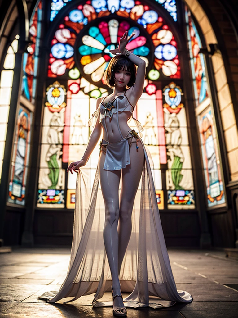 ( Masterpiece, White and vivid colors, (Exposed:1.2), (nipple:-0.9)(Acutance:0.9)), (((Tiny junior idols))), ((face variations)), { Navel | pretty Ass }, portrayed in the best quality and high resolution. The image should be ultra-detailed, realistic, and photorealistic with a touch of rawness. concept art. The color tone should be vibrant and vivid, enhancing the overall visual impact. (Whole Body proportions and all limbs are anatomically accurate), (Vivid Colorful light shines through the delicate stained glass). delicate limbs, Detail of sparkling oiled ivory skin, (short Bob, delicate wear), Whole Body proportions and all limbs are anatomically accurate .