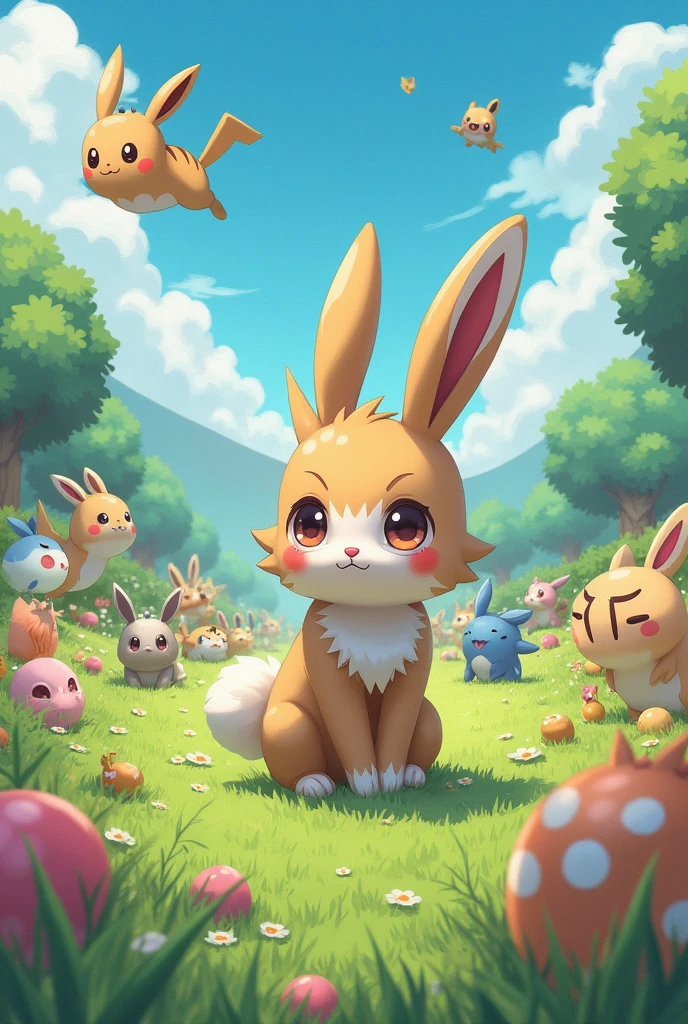 Pokemon, Virtual creatures of all kinds, Filling up the entire pasture, Q version, cute, Surreal, Fresh Painting、Tsuna Rabbit Pokemon。Former Rabbit。Covered in light brown hair、Tsundere girls。Anime-like image