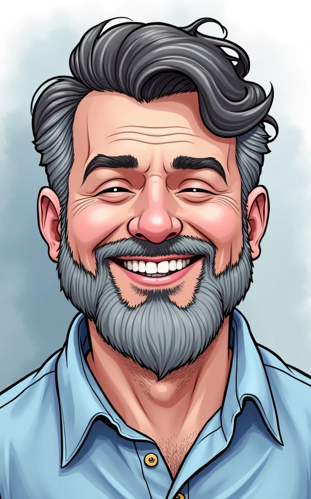 Cartoon character of a bearded, slightly chubby Caucasian man in a blue shirt, smiling, with gray beard strands and slightly closed eyes when smiling