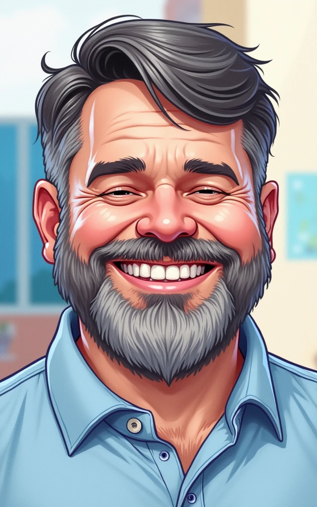 Cartoon character of a bearded, slightly chubby Caucasian man in a blue shirt, smiling, with gray beard strands and slightly closed eyes when smiling