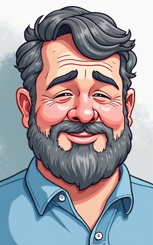 Cartoon character of a bearded, slightly chubby Caucasian man in a blue shirt, smiling, with gray beard strands and slightly closed eyes when smiling