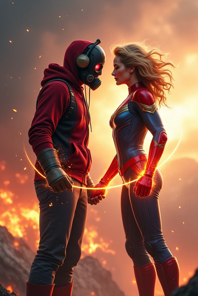 ??? Star-lord with red hoodie, headphones, star-lord helmet, gas helmet, covered mouth, round red eyes, Red eyes, magic rings in the hands and rocket boots, Vs, Capitana marvel (Big tits), Fighting, power, fiction, full body, 2 persons, magic lasso, hight, fall, fire in boots, poweful spells, realistic, helmet, mask, punch, gun, flying in the sky, love, passion, kissing, Romance