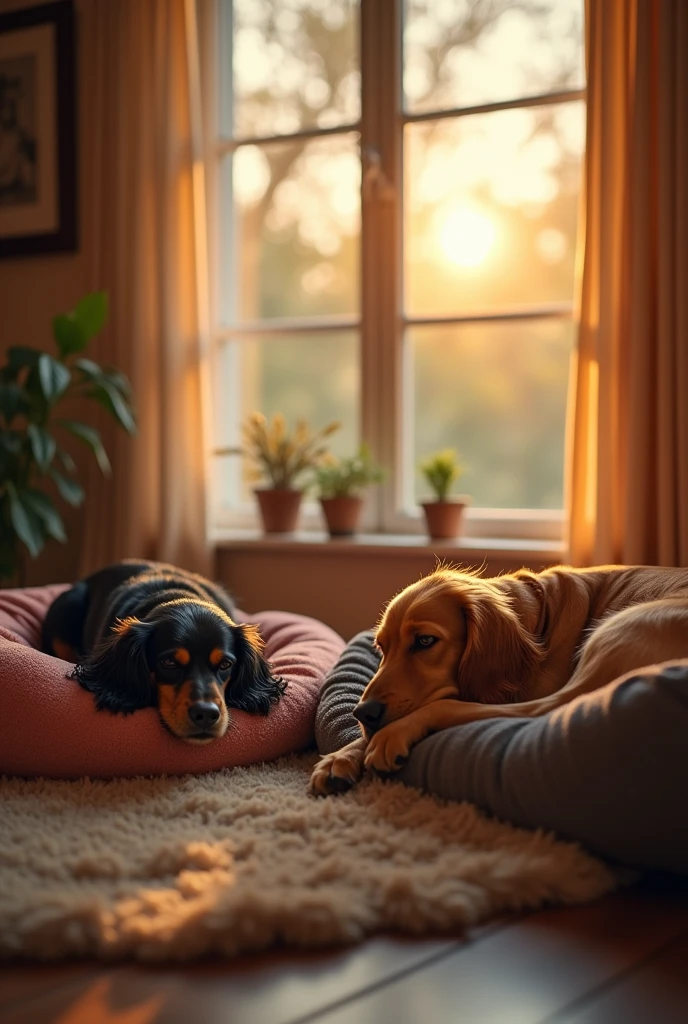 Two dogs, a cocker Spaniel black and tan and a golden English setter, sleep peacefully, separated and each in their own bed in the living room of a home with large windows through which a wonderful evening light enters, creating a magical atmosphere of peace and calm. This is a hyper-realistic 4K photograph with vivid and bright colours.