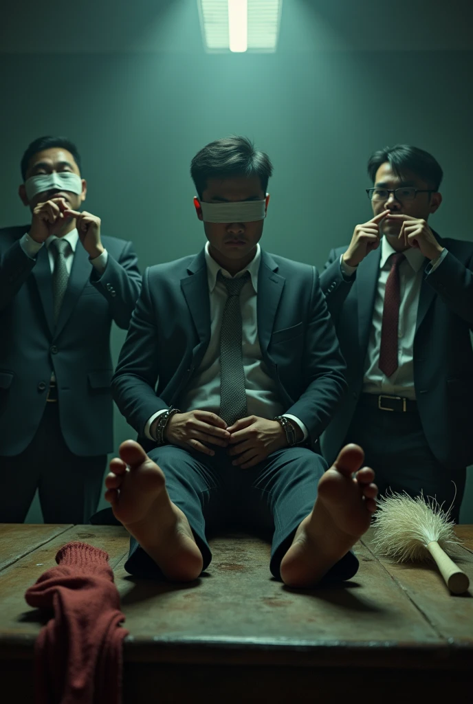 Malaysia handsome malay 20 years lawyer
He faint
Smelly feet
His hand handcuff in abondon warehouse
Blindfolded
handcuff
Formal Outfit
Focus sweaty hot feet on desk
feather duster on desk
Dirty red long sock on desk
2 evil mafia pinch nose