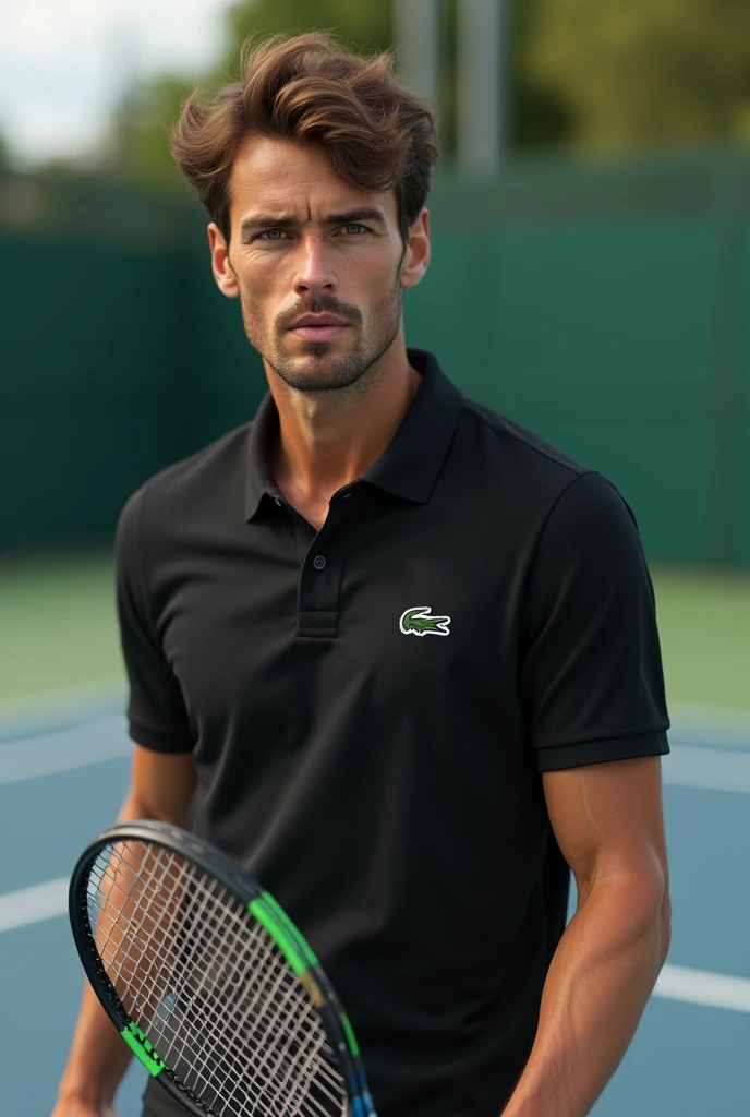 (photorealism:1.2), man with brown eyes and brown hair na quadra de tennis with babolat racket wearing a Lacoste polo shirt black with a super detailed ultra-realistic photorealistic 8k