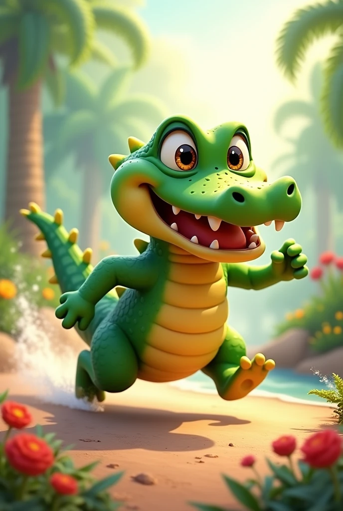 Adorable animated crocodile in a hurry