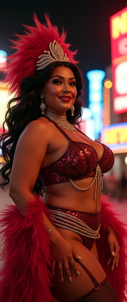 full body, of a stunningly beautiful Salvadorean woman, plump and curvy body, wearing a Las Vegas showgirl costume,extremely detailed face and eyes, smiling, beautiful long eyelashes,flawless skin,striking makeup,intricate headdress with feathers and sequins,sparkling rhinestone jewelry, on a busy Las Vegas blvd at night, standing side by side Mexican man, tourist fully dressed, posing, stylish clothes, full body, dramatic lighting,cinematic composition,photorealistic,8k,ultra-detailed,masterpiece,cinematic lighting,dramatic shadows,vibrant colors,warm color palette