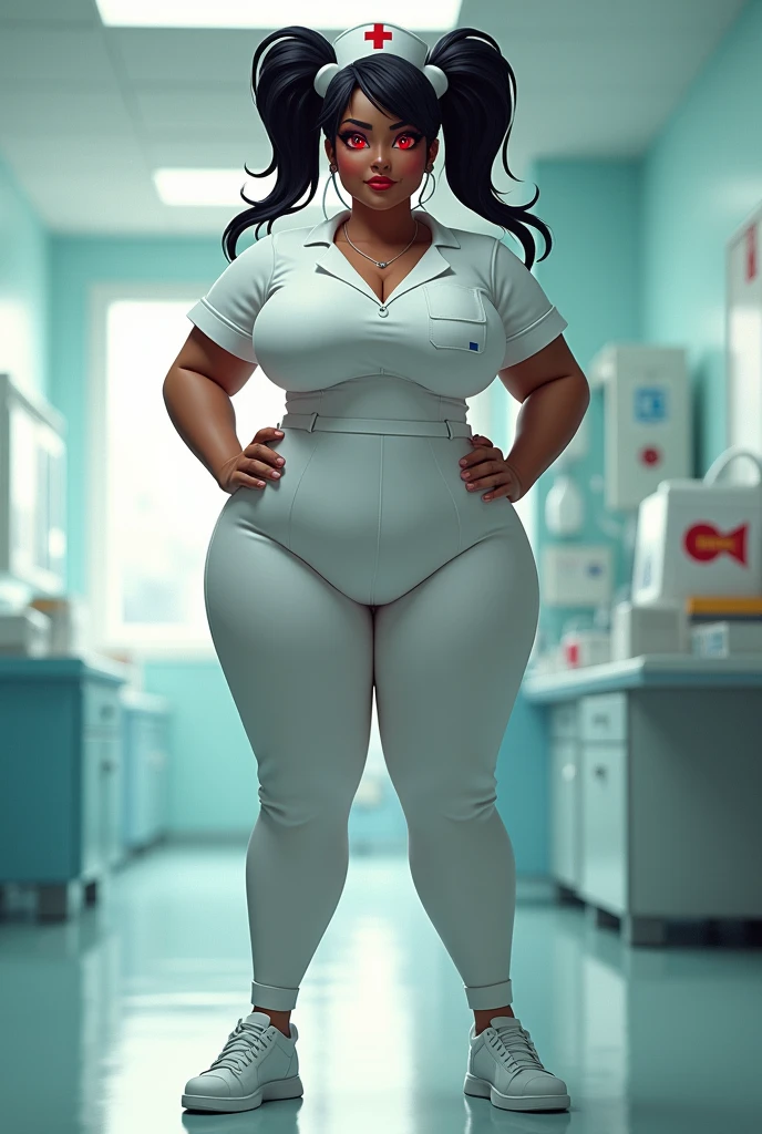 A medium-height, brown-skinned girl with wide hips, a small waist, wearing a nurse outfit, very, very, very, very big breasts, Red eyes and two ponytails