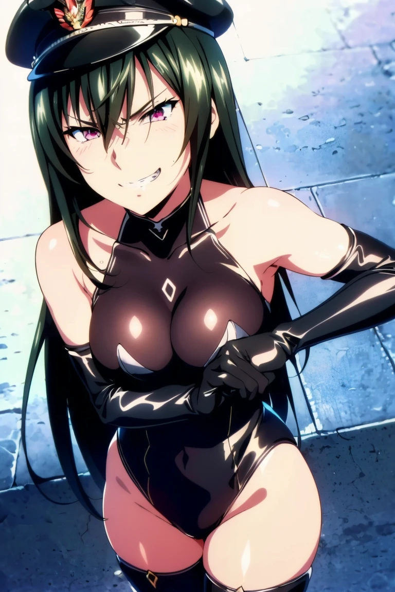 beautiful, masterpiece, ultra detailed, extremely detailed, ultra high res, 8k, beautiful detailed face, anime screencap, heart shaped face woman, (black hair:1.2), long hair, hair between eyes, large breasts, fearless face, sharp face, slant eyes, cat eyes, 170cm tall, adult, perfect proportion, (((black high-leg leotard, black clothes))), (((bare shoulder))), cleavage, (((thigh boots))), choker, (((military cap))), anime style, extremely ultra detailed beautiful face and eyes, front view, raw phot, incredibly absurdres, Beautiful portrait of cute anime girls, super fine illustration, full-hd, hdr, best aesthetic, distinct, exquisite, masterwork, by famous artist, highers, (((perfect anatomy))), mocking, (((rape face))), (((evil grin))), intense eyes, sadistic, gleaming skin, oil skin, slut face, full-face blush, smirking, mischievous grin, furrowed mouth, both legs, pouty lips, downturned corners, rosy hue, grin widely, cheeky smirk, (((bad-tempered glare))), gloating, crazy smile, scary face, cruel smile, fang, connected teeth,, (((elbow gloves))), (((big connected teeth)), glare, grimace, smirk, (((scowling face))), smile broadly, symmetrical eyes, even eyes, perfect eyes, (((squinting eyes))), deep detailed eyes, shiny clothes, 1girl, solo, smug, smile grimly, (((dimpled smile))), pink eyes, (((upper body shot and standing))), (((laugh))), (((pleasure face))), (((brutality face))), (((scary face))), (((fang))), super detailed skin, official art, production art, top quality, high quality, amazing quality, finely quality, fantastic, professional quality, perfect hands, perfect arms, both arms, two arms, both hands, two hands, cleavage cutout, bare collarbone, shiny hair, anime best girl, cel anime, bangs, spread back hair, adult face,

