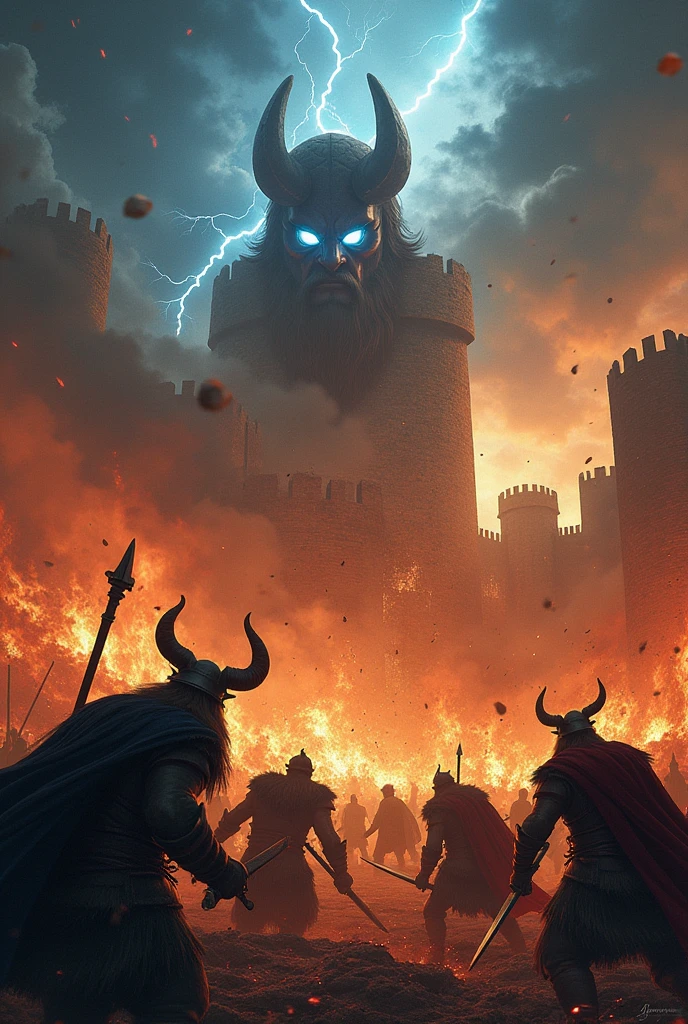 burning castle, natta, lightning, Viking warriors in frantic battle, face of god odin in the clouds, thor holding the pissing hammer in the sky