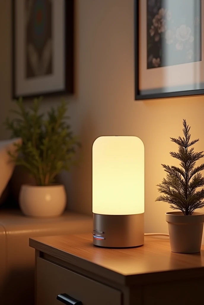 Create a 3d image of table lamp modern
with rgb light small tree plants and background is home