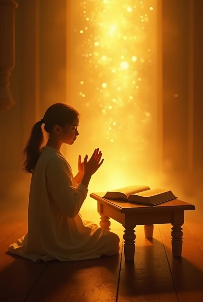 In an environment enveloped in golden tones and softly illuminated by a celestial light that seems to descend from the sky, a young person kneels next to a small wooden table. On the table, an open Bible is illuminated by the soft light emanating from above. A pessoa, with a look of concentration and peace, raises his hands up in a gesture of devotion and surrender