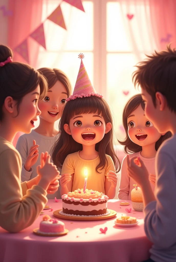 An 1 girl's birthday is celebrated by a group of good friends. There are family members and a table with cakes and desserts. The theme background is pink. Everyone is singing the birthday song. Everyone is laughing. The girl is making a wish.