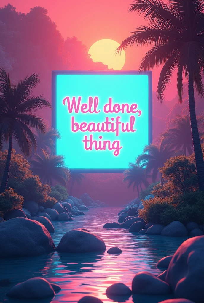 Create an image for an Instagram story where there is a square area to play a song and someone or something saying with text well done, beautiful thing