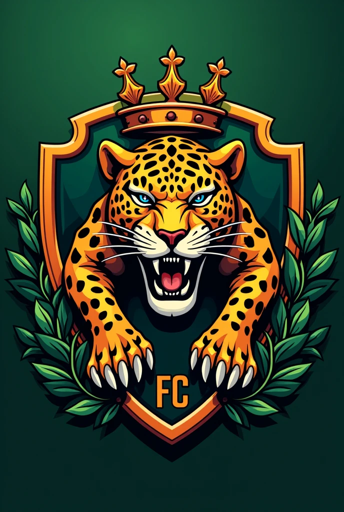 Generates a football shield related to a Jaguar with great detail and a crown with orange colors, negro, green and a light yellow and the shield says REAL CAMBAS FC spelled correctly