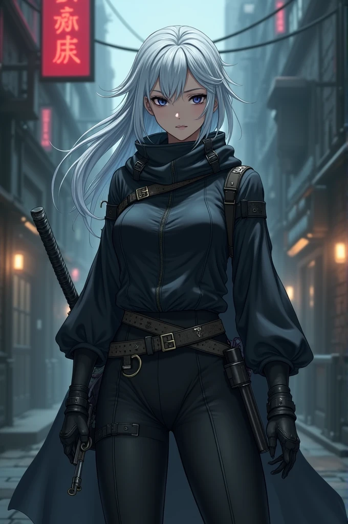Create an image of a white haired, black eyed, average build anime mercenary inspired by Kirito
