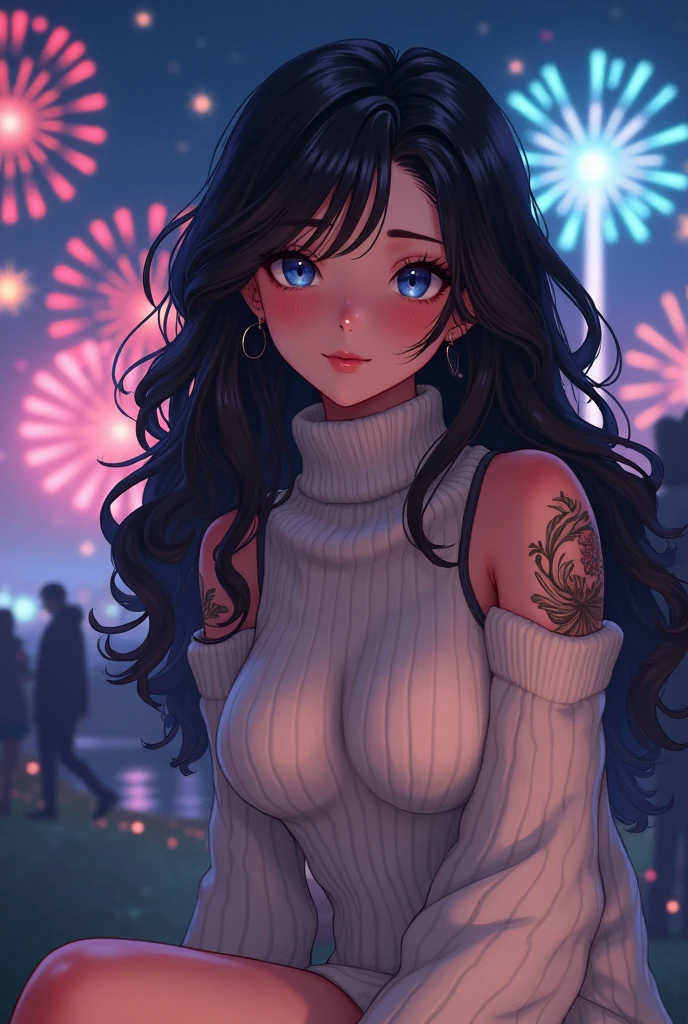 (best quality, ultra-detailed, photorealistic: 1.39), bright and vibrant colors, studio lighting, romantic expression, An effeminate girl, with a delicate and beautiful face. She is a girl who reflects seductive beauty, sparkling eyes, A Beautiful and adult tattooed woman and voluminous curly black hair, hair clip, crying a seductive 2 woman with big breasts seduces, matches the makeup, with her large breasts seduces, Turtleneck sweater, white wool, sleeveless, beautiful sweater dress, sitting, with beautiful legs, ankle boots, with her blue eyes that matches her soft smile, beautiful style, in a beautiful pose demonstrating her seduction on the in the park at night, beautiful event style decoration with lights and fireworks, night with soft lighting, anime style, like a manwha character