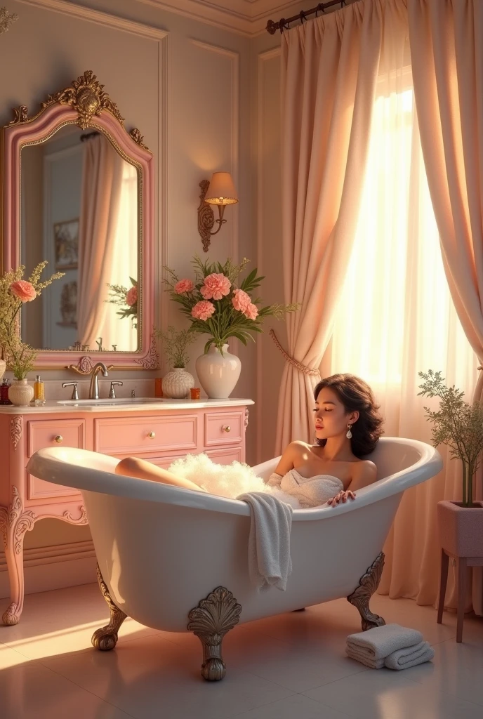 Bathing fee, mirrors and pink vanity
