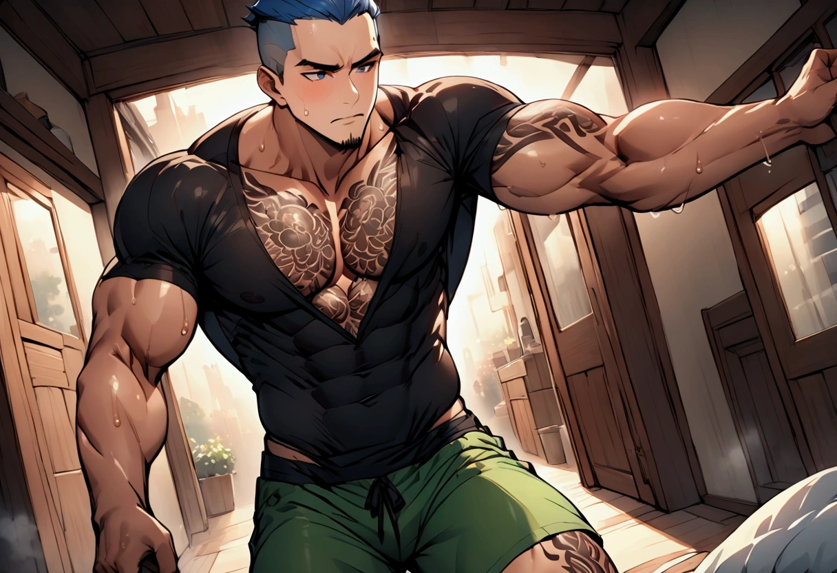 Highest quality、masterpiece、pov shot、(muscular male:1.2)、(father:0.5)、独奏、Shaved head、Blue Hair、(sweat:1.3)、steam、tattoo on chest、tattoo on leg、night、On the upper half of his body he was wearing a tight fitting black shirt with an open neckline.、The lower half is green shorts、shoot from front、Inside the house、Getting ready to go out、I'm excited