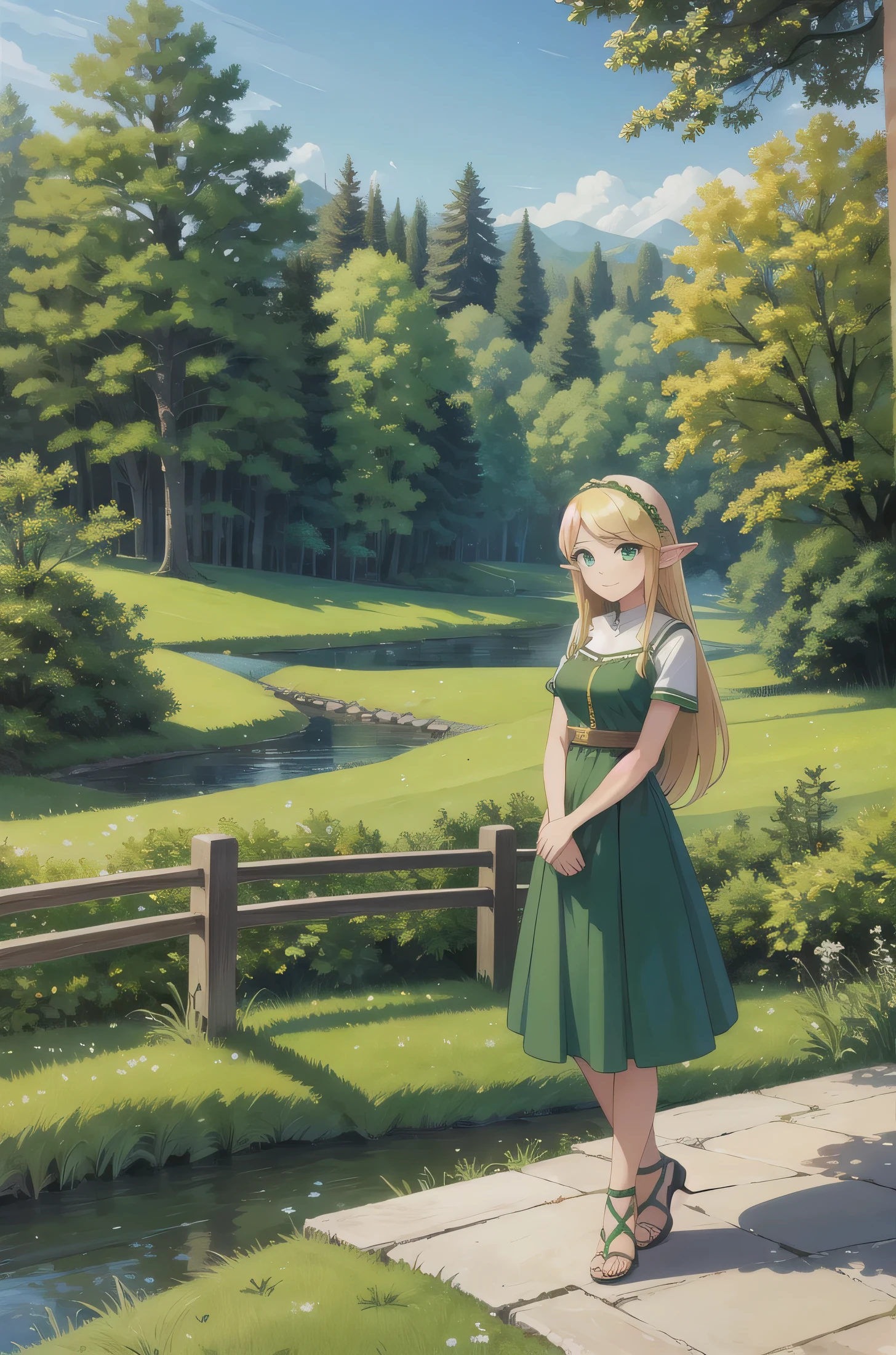 masterpiece, best quality, 1girl, elf, green eyes, blonde, (standing:1.1), (forest:1.1), pov, perfect eyes, arms at sides, river, portrait, full body, smile, heeled sandals, beautiful landscape, trees