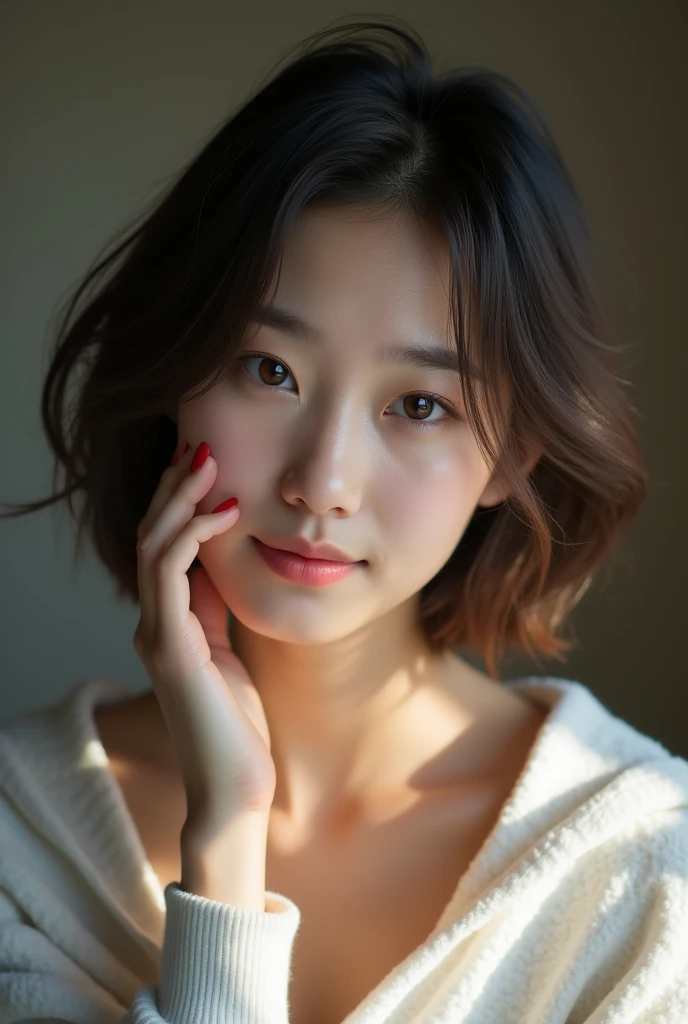 Highest quality, Soft Light, Ultra-high resolution, (Realistic:1.4), RAW Photos, 1 Japanese girl, alone, cute, (A shy smile:0.5), (Brown eyes, Light in your eyes), Beautiful face in every detail, (Small box),(High resolution detail of human skin texture), (Short Bob Hair), Masturbation,