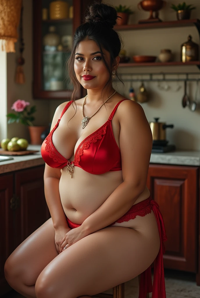 Beautiful plus size Indian super model with big .bikini,Getting a photo shoot done in a luxury kitchen.