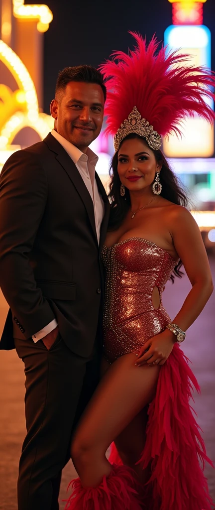 full body, of a stunningly beautiful Salvadorean woman, plump and curvy body, wearing a Las Vegas showgirl costume,extremely detailed face and eyes, smiling, beautiful long eyelashes,flawless skin,striking makeup,intricate headdress with feathers and sequins,sparkling rhinestone jewelry, on a busy Las Vegas blvd at night, standing side by side Mexican man, tourist fully dressed, posing, stylish clothes, full body, dramatic lighting,cinematic composition,photorealistic,8k,ultra-detailed,masterpiece,cinematic lighting,dramatic shadows,vibrant colors,warm color palette