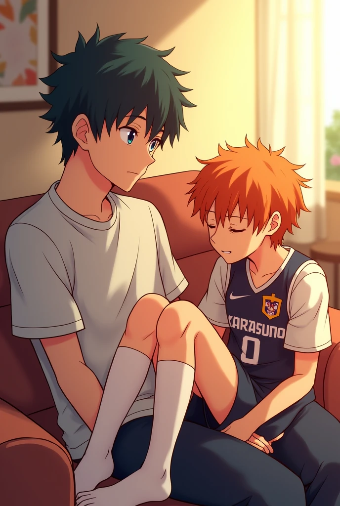 A side view of Kageyama from Haikyuu sitting on a couch, with Shoyo Hinata from Haikyuu resting his feet in Kageyama's lap. Hinata is wearing his Karasuno High School volleyball uniform and white socks that reach his ankles. He is asleep, with a neutral expression on his face. His signature orange hair is slightly tousled. Kageyama, slightly older, gazes down at Hinata with a thoughtful expression. The scene is bathed in soft, warm light, creating a peaceful and intimate atmosphere. The artwork should be in the style of the Haikyuu anime, with vibrant colors, dynamic lines, and expressive characters. Ensure Hinata's feet are clearly visible and resting in Kageyama's lap.