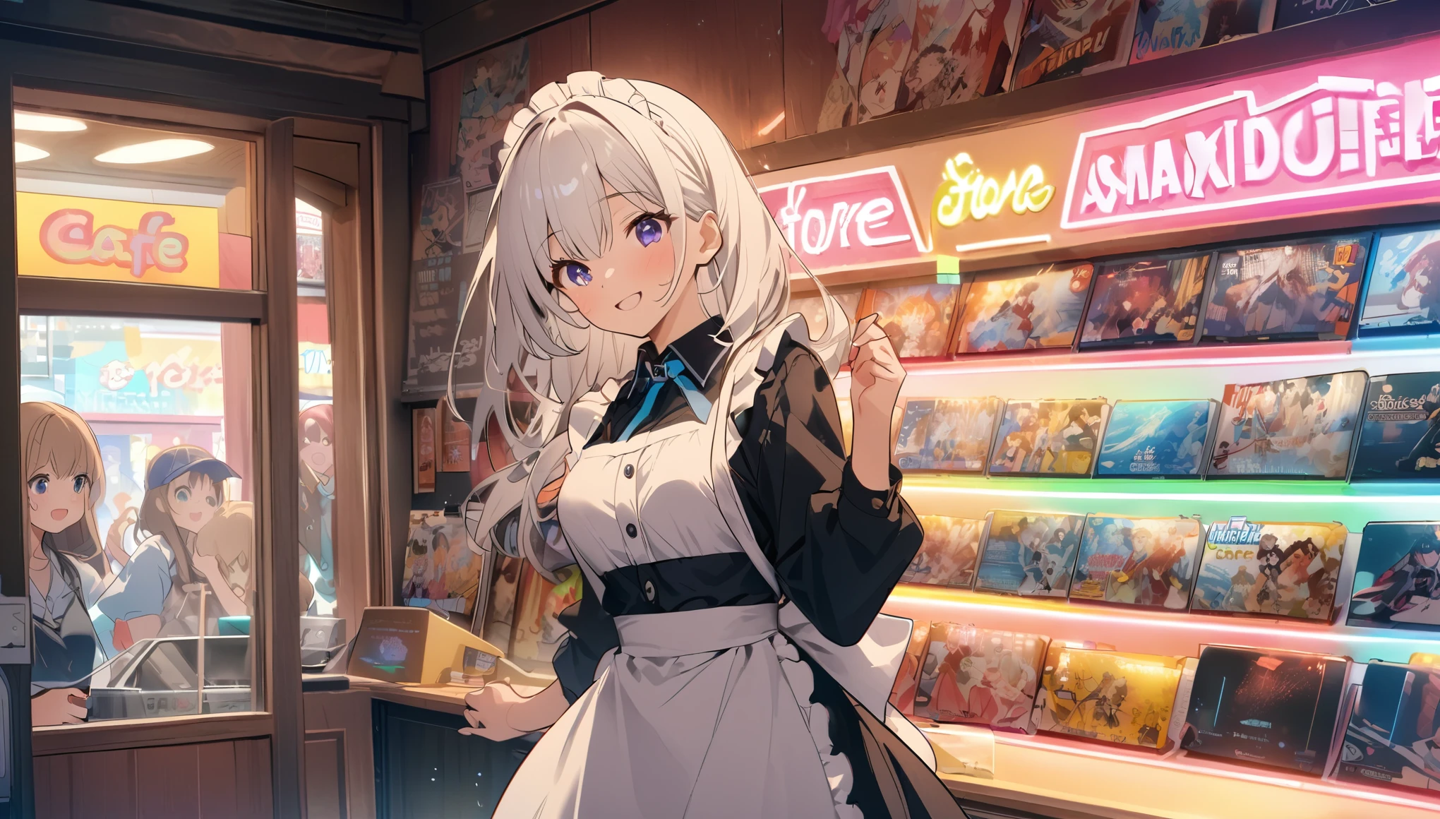 A woman with white hair and cute clothes、First visit to Akihabara。On Electric Town Street、Colorful neon signs sparkle、A store with the latest gadgets and figurines々is standing side by side。From the entrance of the game center、Rhythmic music plays、Huge posters featuring anime and manga characters catch your eye。A maid cafe employee greets customers with a smile、The whole town exudes an otherworldly atmosphere.。The main character as a tourist、While wondering which store to stop at,、Enjoy the excitement of Akihabara。