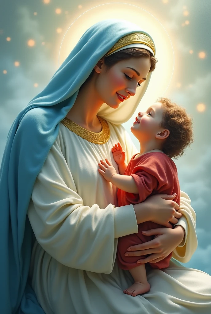 Drawing in image of the Virgin Mary in a white dress with a sky-blue cloak carrying a  Jesus in a red dress, both happy