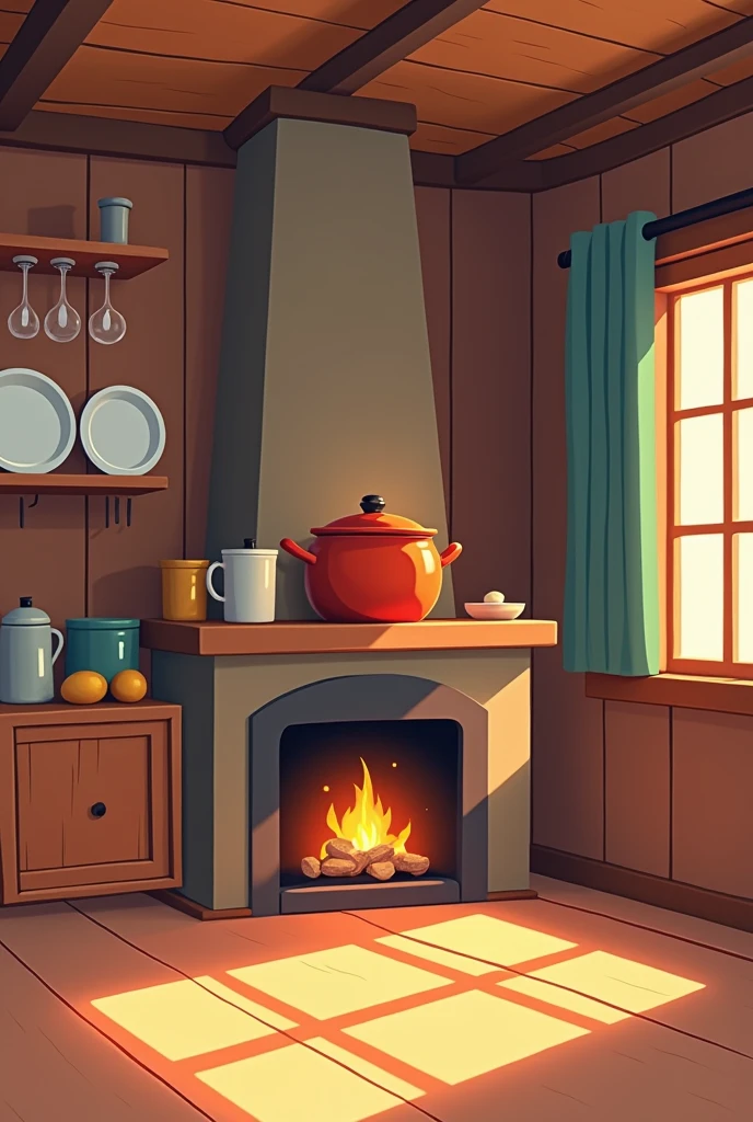 2d illustration, bold outline, minimalist color, A room with a fireplace and a pot on top, a village atmosphere, wooden room walls, a wooden and straw roof, plates and glasses arranged on a plate rack, simple colors, with bold lines,Bold outline, thick outline, simple and minimalist color, 2d animation background 