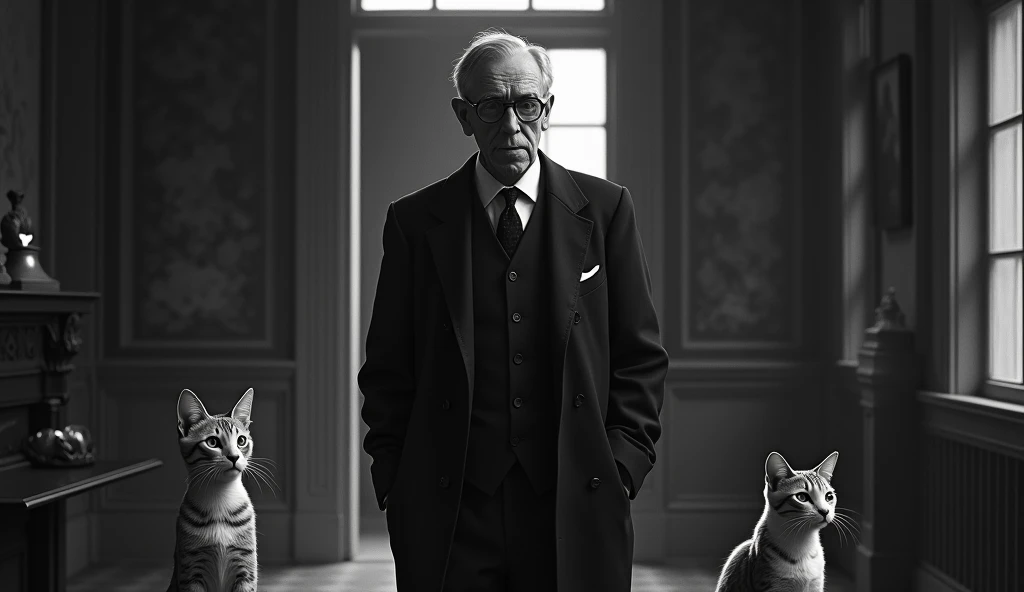 black and white image An elderly man named Edgar Cayce with a serene and contemplative expression, thin. He has short, dark hair, a little gray, no beard and wears a classic 1930s suit, with small, square prescription glasses and a discreet tie. Cayce is standing walking with a cat in a large house with 2 cats. The soft, diffuse lighting highlights his face, conveying an aura of wisdom and introspection. The scene has a nostalgic and mysterious tone, reflecting the enigmatic character