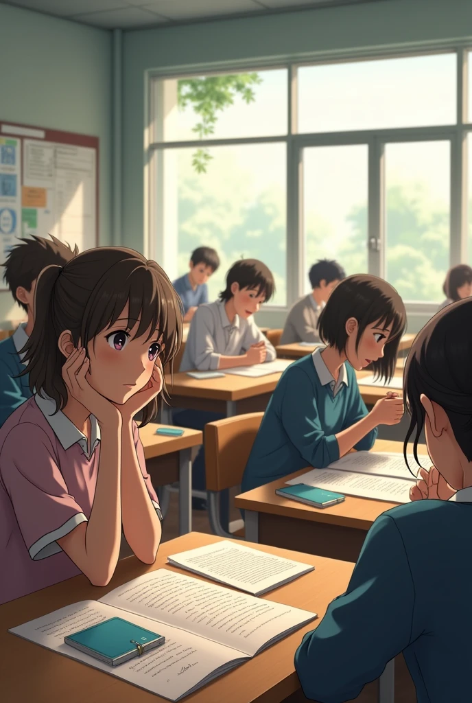 “Create an image in the style of Makoto Shinkai of everone study English skills in the class."