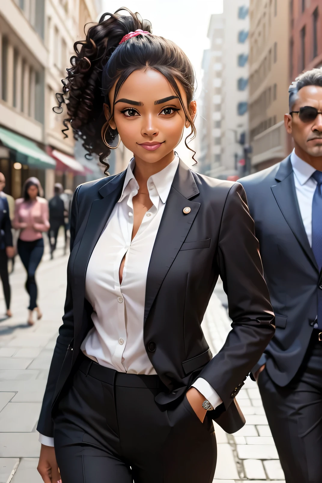 straight standing pose brown woman with perfect eyes, smily face curly ponytail with executive suit, not walking, hands in the pocket with mobile