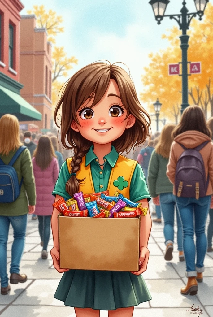 Watercolor painting of a Girl Scout selling candy from a shoebox in a crowd