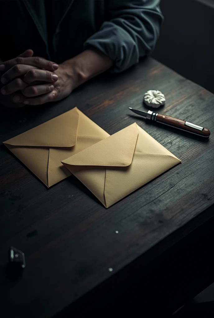 photo seen from above with a table with 3 envelopes left and sealed with wax, a small open pocket knife, a simple pen on one of the envelopes, a ball of crumpled paper on the side