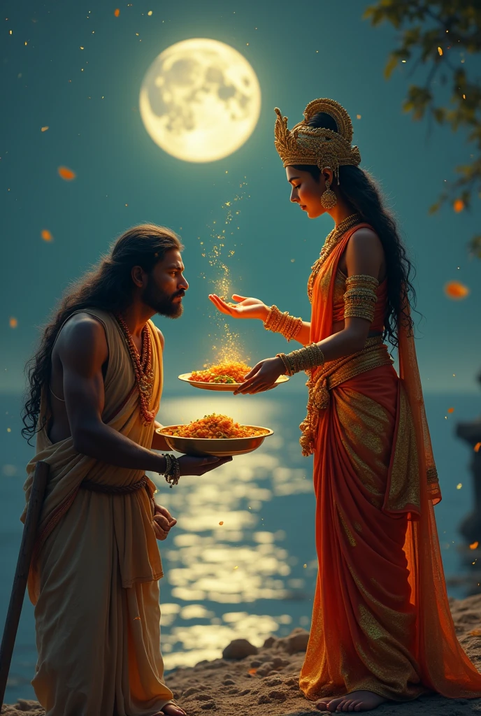 cinematic animated character art, Silhouette of indian godess of food Annapoorna giving food in a golden plate to a poor male beggar with long hair and rugged look, beggar bowing in respect carrying a wooden stick, godess wearing Gold and red saree, golden jewellery, ancient golden crown, smiling expression, glowing particles in atmosphere, river Ganga in background, night, moonlit, darkness in atmosphere, mysterious vibe, colour graded, vibrant, 4khd