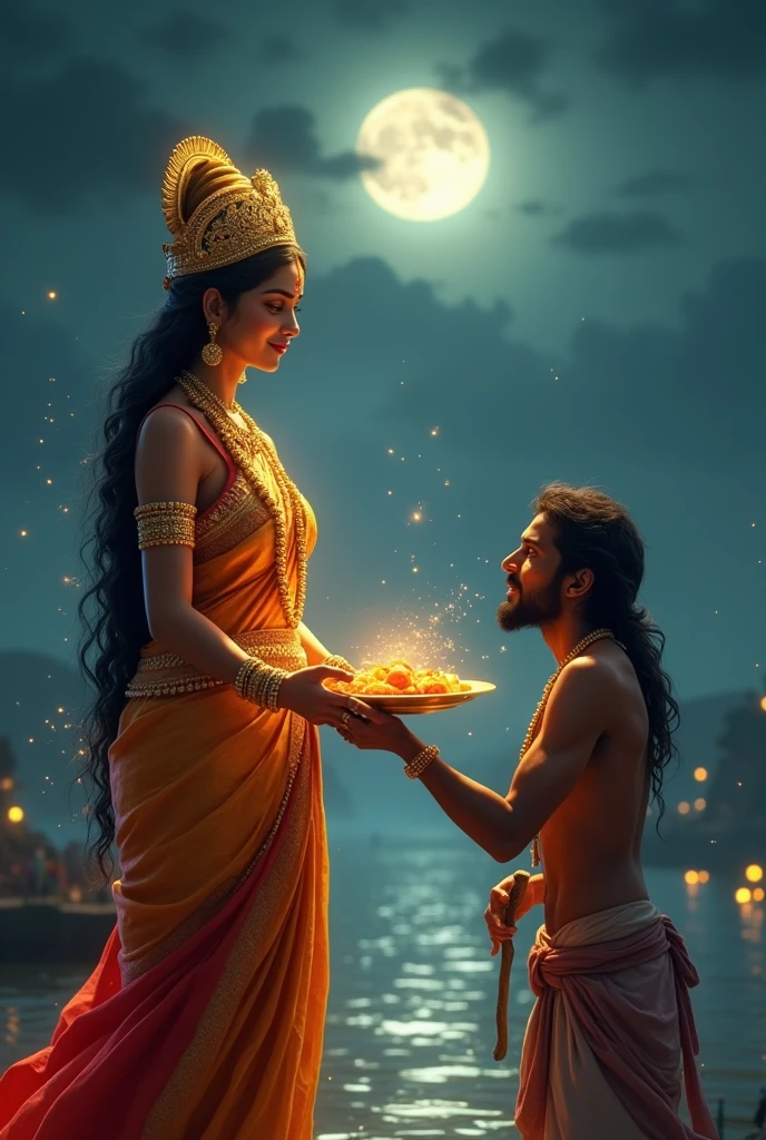cinematic animated character art, Silhouette of indian godess of food Annapoorna giving food in a golden plate to a poor male beggar with long hair and rugged look, beggar bowing in respect carrying a wooden stick, godess wearing Gold and red saree, golden jewellery, ancient golden crown, smiling expression, glowing particles in atmosphere, river Ganga in background, night, moonlit, darkness in atmosphere, mysterious vibe, colour graded, vibrant, 4khd