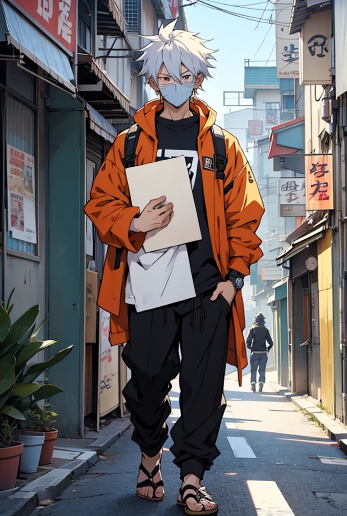 anime character with a sign in his hand walking down the street, trends on Pixiv, what is it??, 2022 anime style, 2 0 2 2 anime style, Popular on pixiv, not anime style, Otaku de Ganga, modern anime style, in anime style, just anime style holding a blank sign